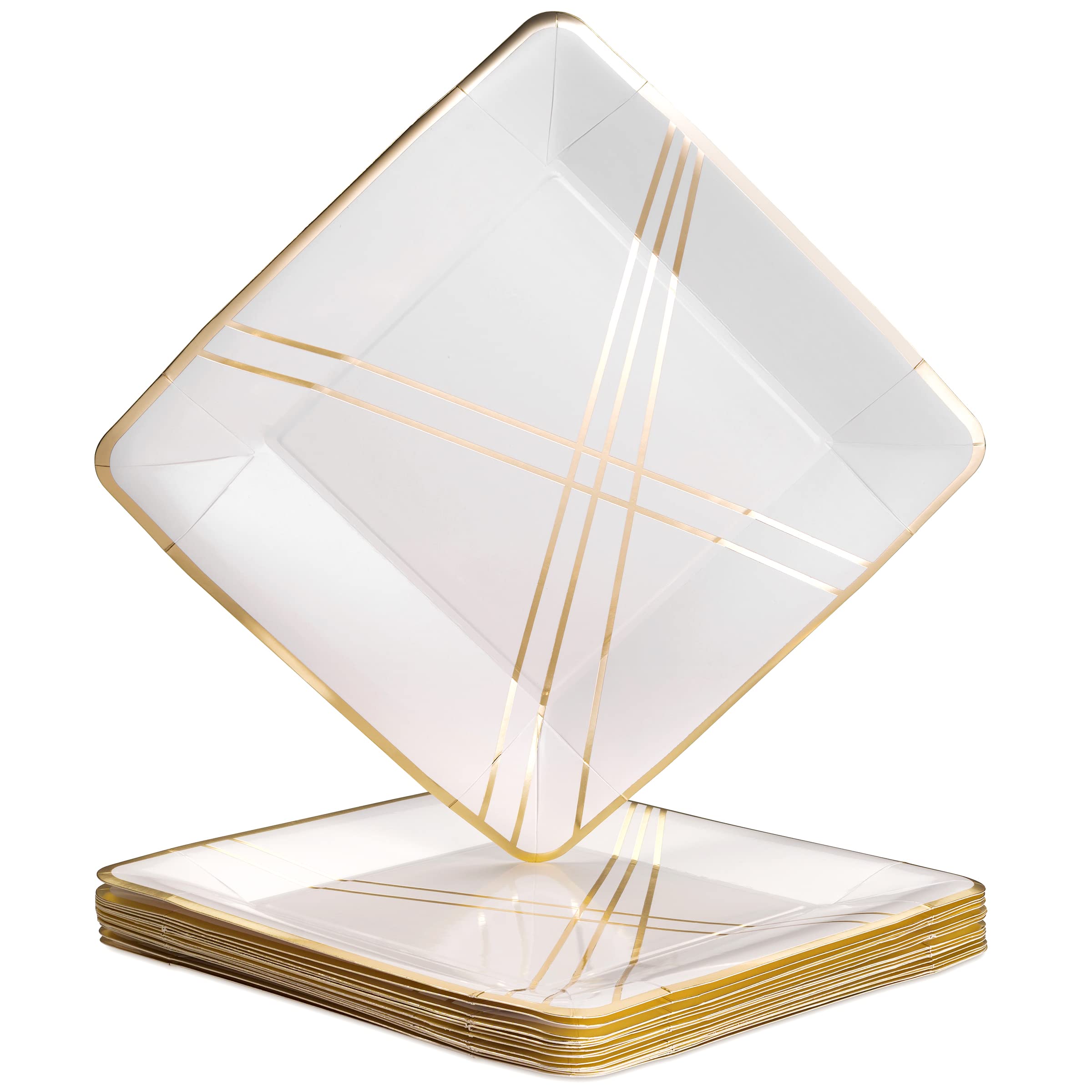SILVER SPOONS Abstract Design Disposable Dinner Plates (18 Pc) Square Heavy Duty Paper Plates 10 inch, Gold Party Supplies for Weddings, Great for celebrations & Events, Ivory - Deco Collection,White