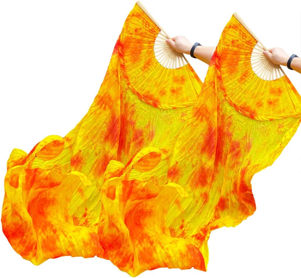 1 Pair (Left+Right) Premium Silk Belly Dance Fan Veil, Women Colorful Long Folding Fans, Designed for Dancing Show and Flow Arts, Length 71 Width 35