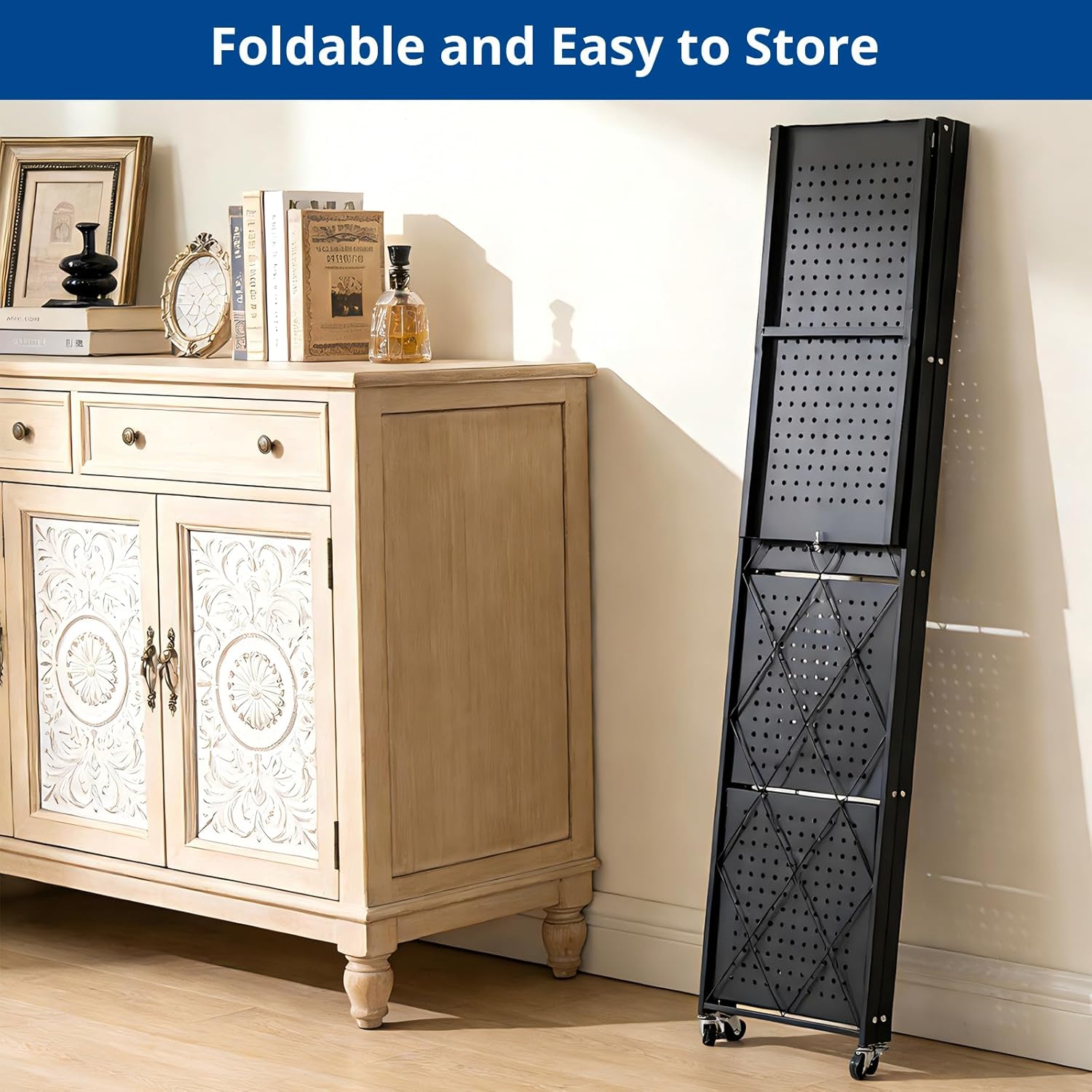 5 Tier Foldable Storage Shelf with Wheels, Heavy-Duty Metal Shelving Unit, No Assembly Book Shelf Rolling Storage Rack for Garage, Kitchen, Pantry, Closet, Exhibition, Office Decor, Black