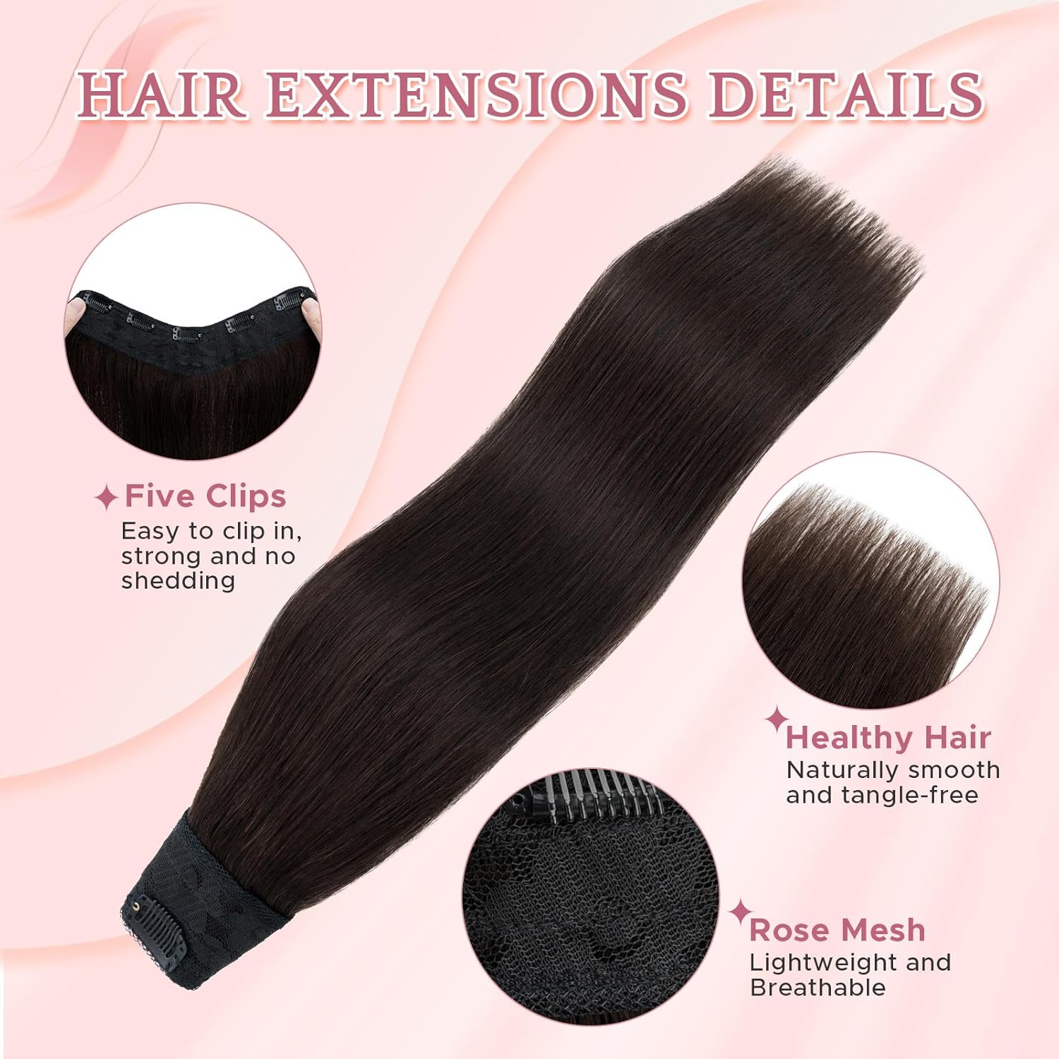 One Piece Clip in Hair Extensions 100% Real Human Hair 3/4 Full Head Hair with Upgraded V-Shaped Weft 5 Clips in Hair Extensions for Women, （16 Inch, #02 Dark Brown）