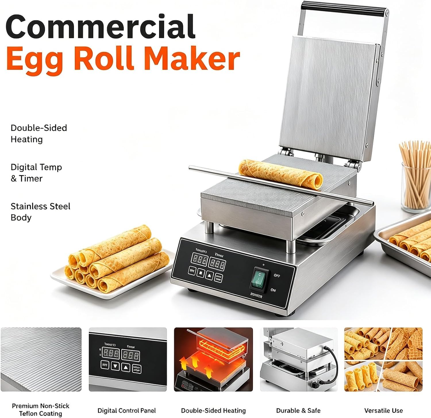 Macchina elettrica per rotoli di uovo da 1650 W, in acciaio inox, con piastre riscaldanti su entrambi i lati, controllo digitale della temperatura e timer, ideale per caffetterie