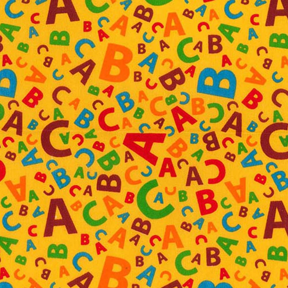 Polycotton Fabric Tossed Alphabet Letters Nursery Kids Childrens (per metre) (Yellow)