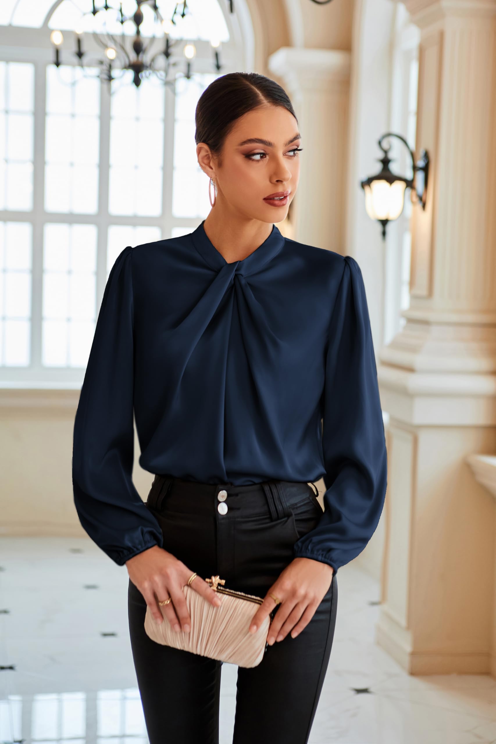 GRACE KARIN Haut décontracté à manches longues pour femme avec nœud papillon, bleu marine, S