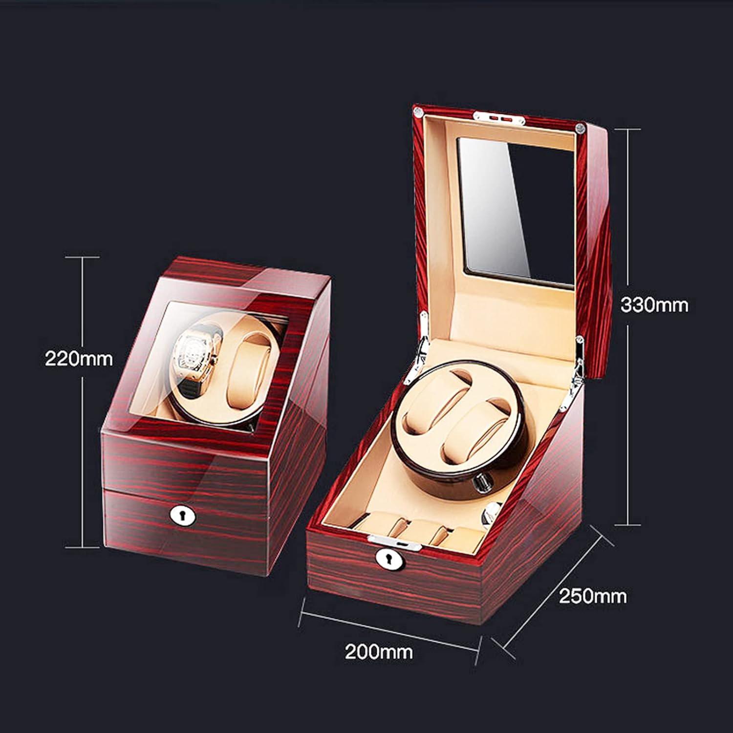 Double Watch Winder with 3 Watches Storage Automatic Watches Winding Box Wood Shell Mechanical Watch Shaker Japanese Quiet Motor Watch Spinner Case Fit Lady and Man Watch,D