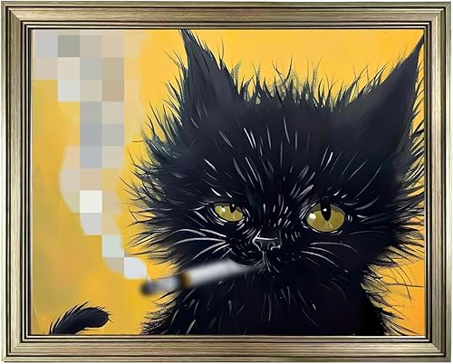 Decoración de pared enmarcada vintage, pintura de gato negro, retrato de gato, arte de pared, póster impreso en lienzo para decoración de baño de