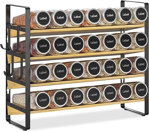 Miniatura 11 de EsLuker.ly Organizador de condimentos para especias para encimera de cocina, 4 niveles de bambú para especias con 4 ganchos, soporte independiente