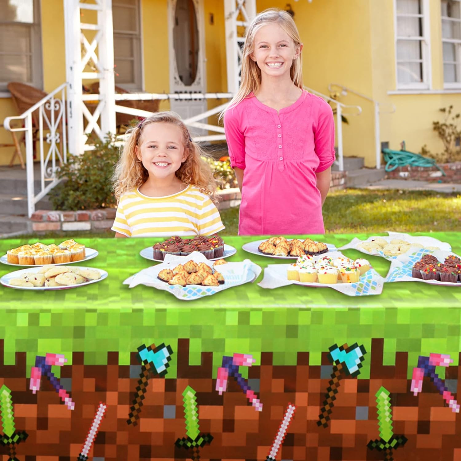 Lidmada Pixel Miner Crafting Style Tablecloth,Extra-Large 108”x54” Disposable Table Cover, Ideal for Birthday Party Supplies Decoration (2)