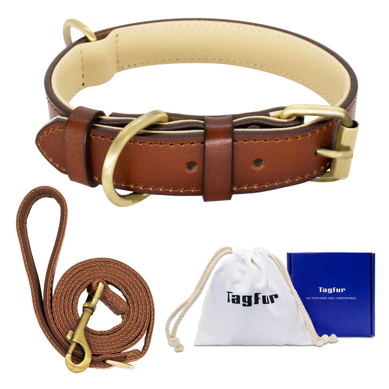 Tagfur Collar de perro de cuero con correa, acolchado y ajustable collar de perro y correa, collar de perro de cuero para perros pequeños, medianos y grandes, no es fácil de romper (marrón, M)