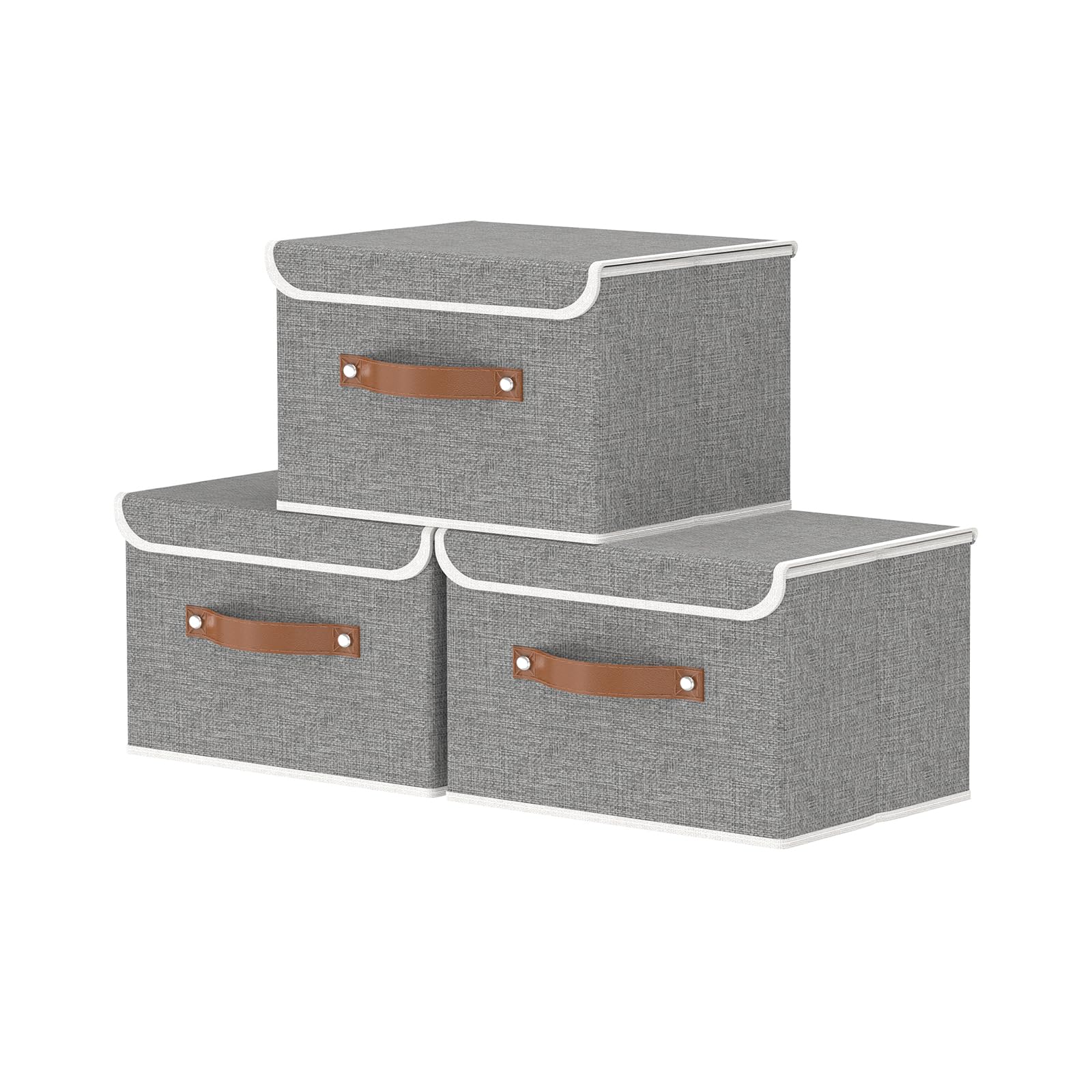 OUTBROS Storage Boxes with Lids 3 Pack, Collapsible Storage Bin with Handle, for Organizing Clothes, 26x20x17 cm, Grey