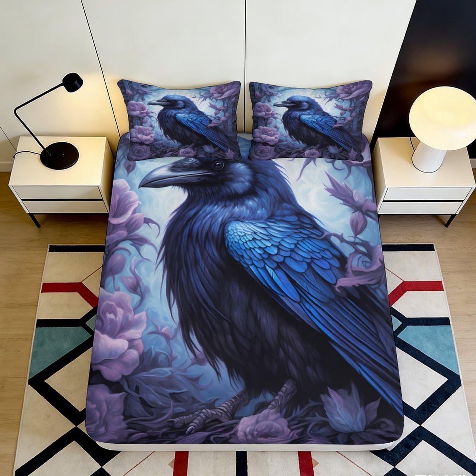Uynsixtme Style-2 3D Printed Raven Fitted Sheet Microfiber Deep Pocket Non-Slip Bedroom Bedding Raven Mattress Fitted Cover, Machine Washable 90X200x25cm