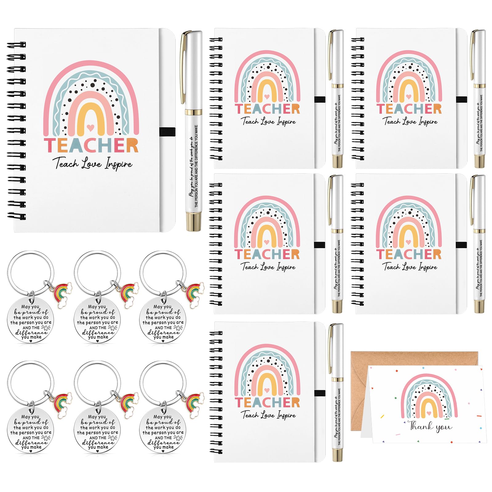 Sinmoe 6 Sets Teacher Appreciation Gift in Bulk Teacher's Day Gift Spiral Notebook Pens Thank You Card Envelopes Keychains Inspirational Journal Back to School Supplies Colleagues Nursery Farewell