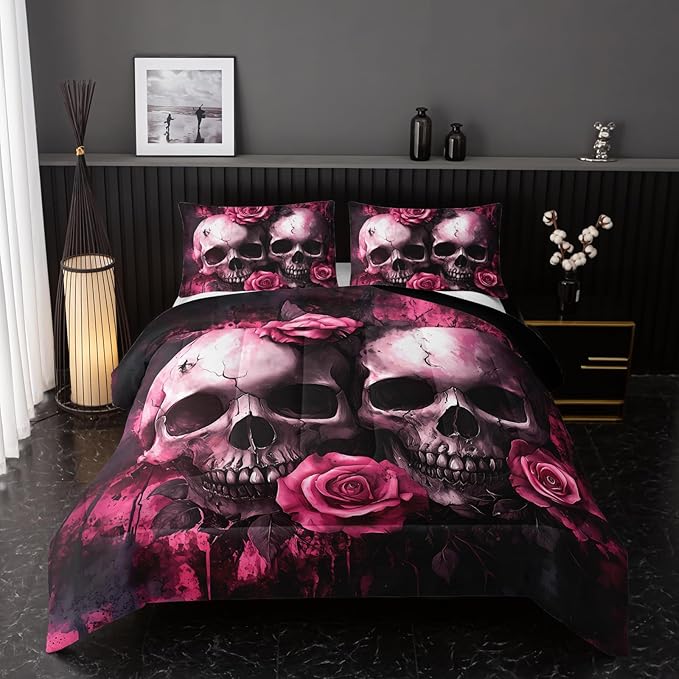 Skull Comforter Set Twin Size,Vintage Sugar Pink 3 Pcs Bedding for Kids and Adults,Gothic Skull Skeleton Flower Bedding for Bedroom Bed Decor Pink Comforter Set and 2 Pillowcases