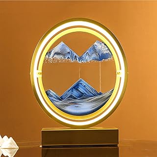 Lámpara de arena, lámpara de escritorio con pintura de paisaje de arena de vidrio redondo dinámico con escena de arena de arte de arena movediza 3D (color: azul, tamaño: 29 x 10 x 33 cm)(Blue-1)