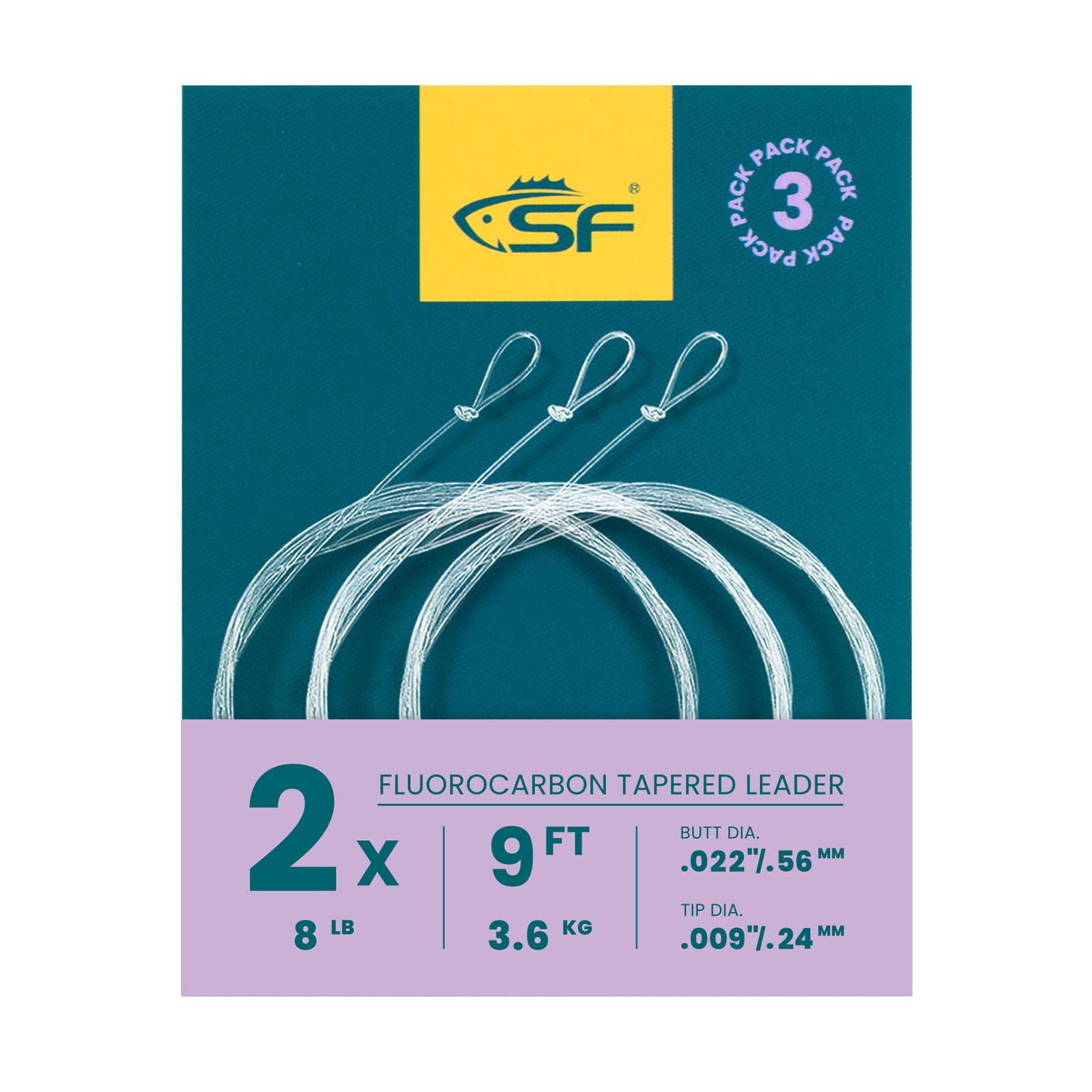 SF 3 Packs Pre-Tied Loop Fly Fishing Tapered Leader Fluorocarbon 9FT-2X — image 1