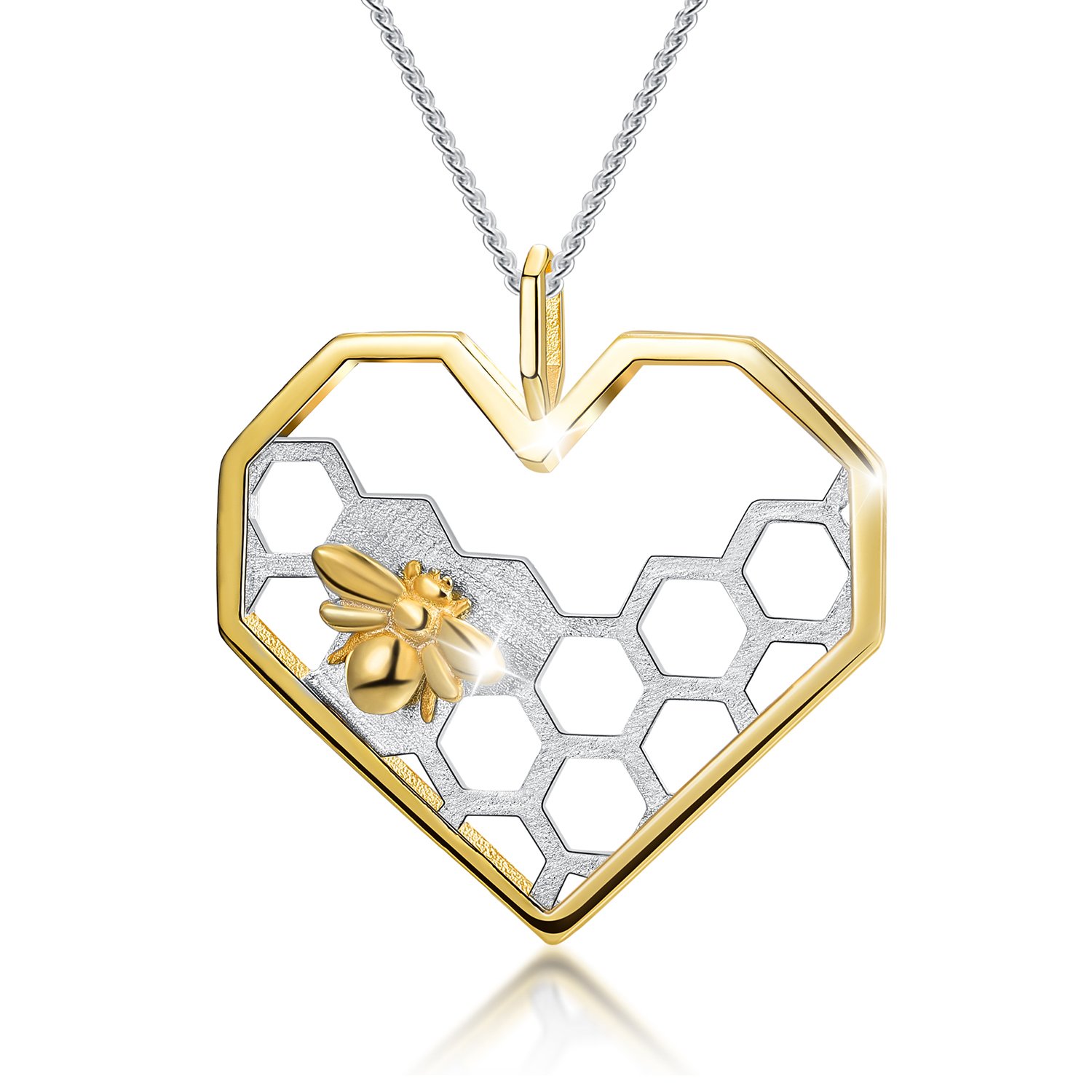 Lotus Fun925 Sterling Silver Necklace Pendant Honeycomb Bee Pendant with Link Chain length 17inches, Handmade Unique Jewelry Gift for Women and Girls, Sterling Silver