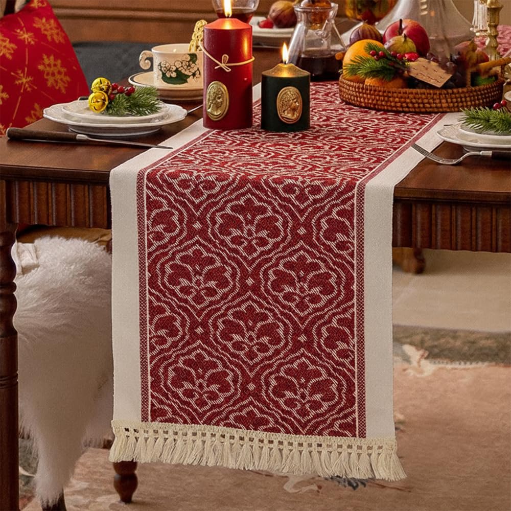 Mioyoow Pattern 1 Christmas Table Runner, Waterproof Red Desk Runner Tablecloth With Tassel Fringe For Kitchen Dining Home Party Decor