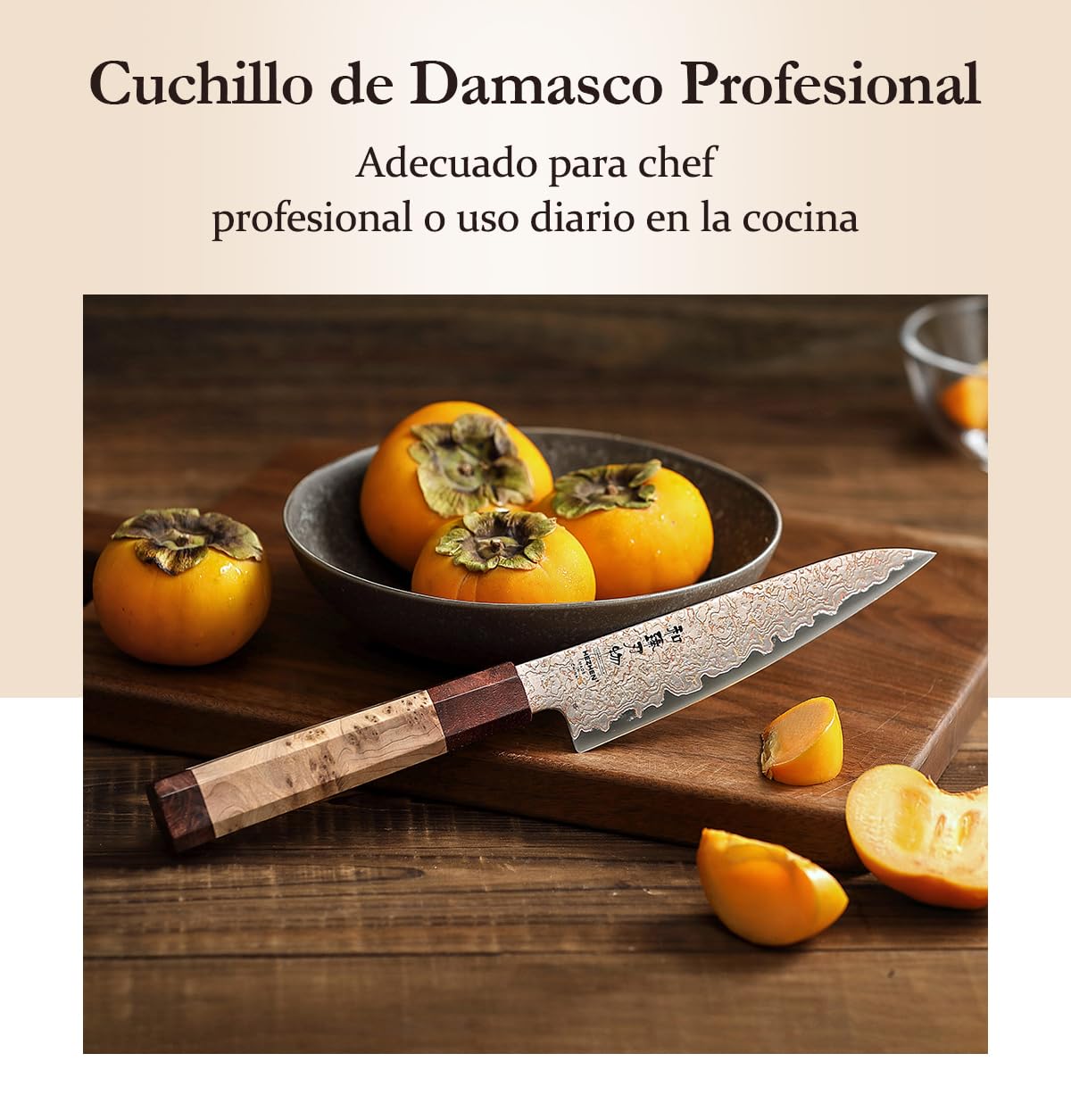 HEZHEN Damasco Cuchillos Universales, Cuchillos Cocina Damasco de Cobre, Cuchillo de Fruta para Pelarr con Caja de Madera, Mango de Octogonal