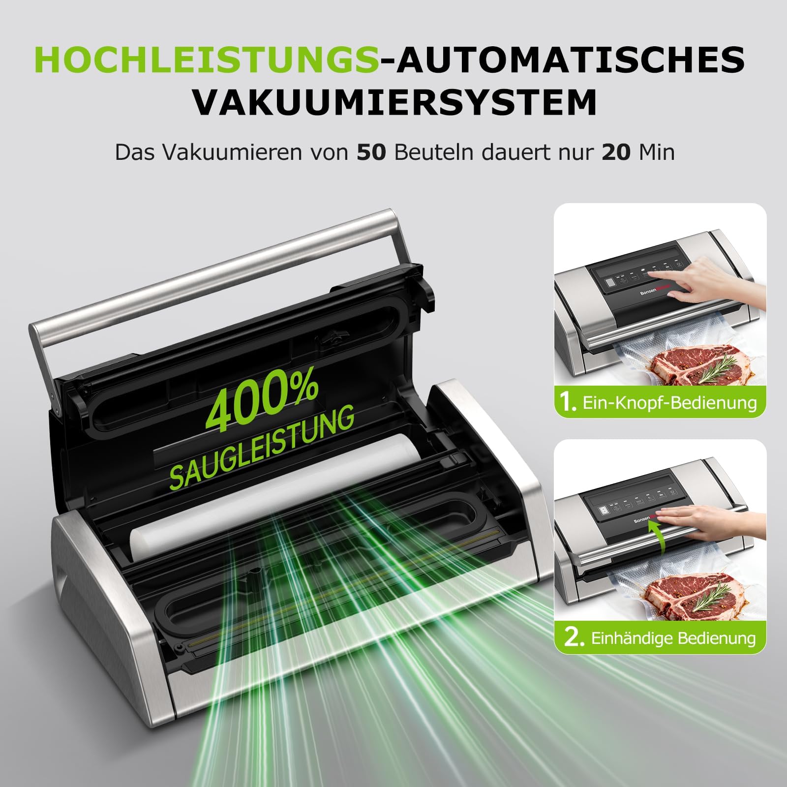 Bonsenkitchen Vakuumiergerät VS5100 15 L/min, Vakuumierer mit Beutelclip, Griffverriegelung, Schneider, für Sous-Vide-Garen