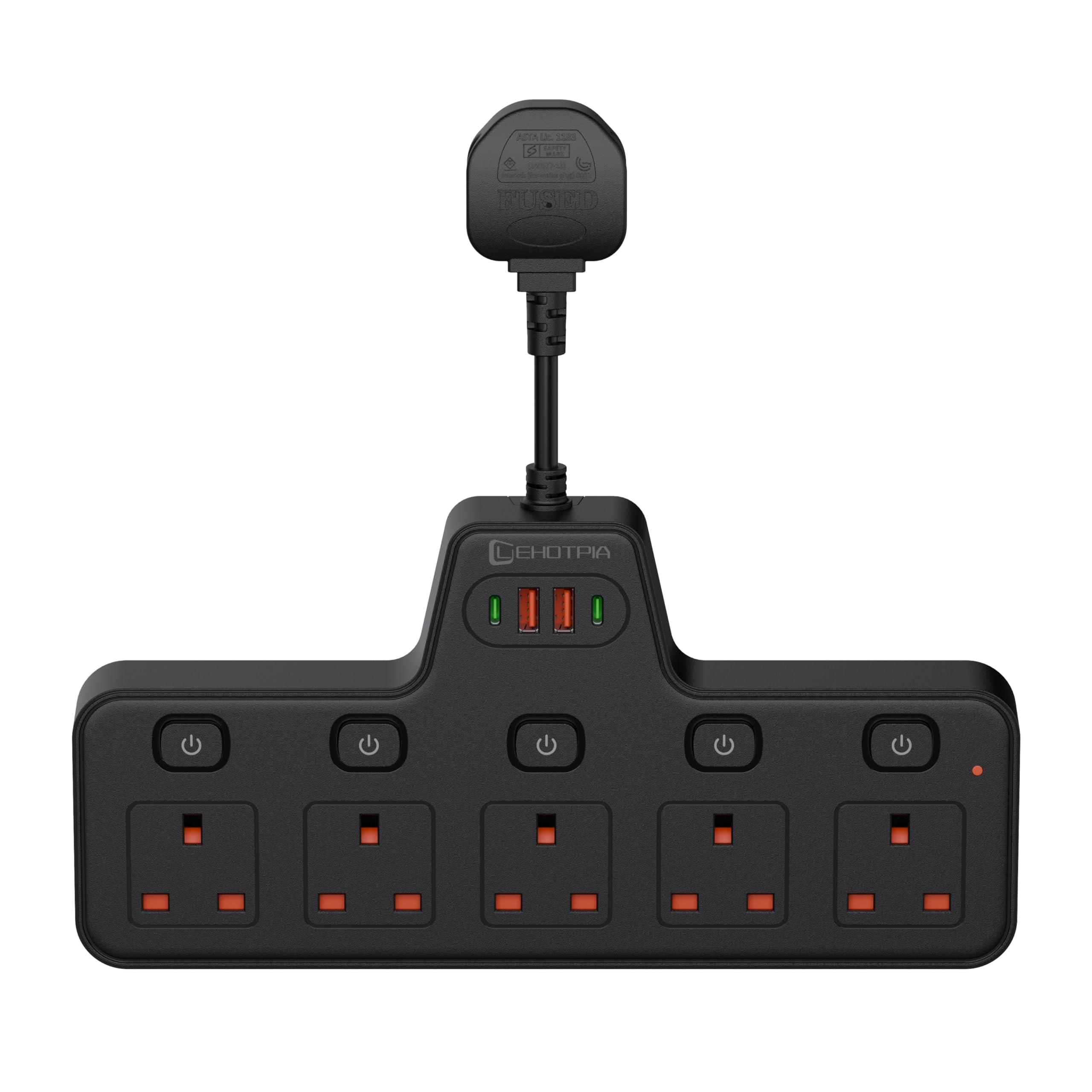 LEHOTPIA Power Strip Extension Lead Socket 5 Way with Flexible Plug, Extension Lead with Two Usb Slots with Individual Switches, Short Small Extension Adaptor for Home,Kitchen.(Black)