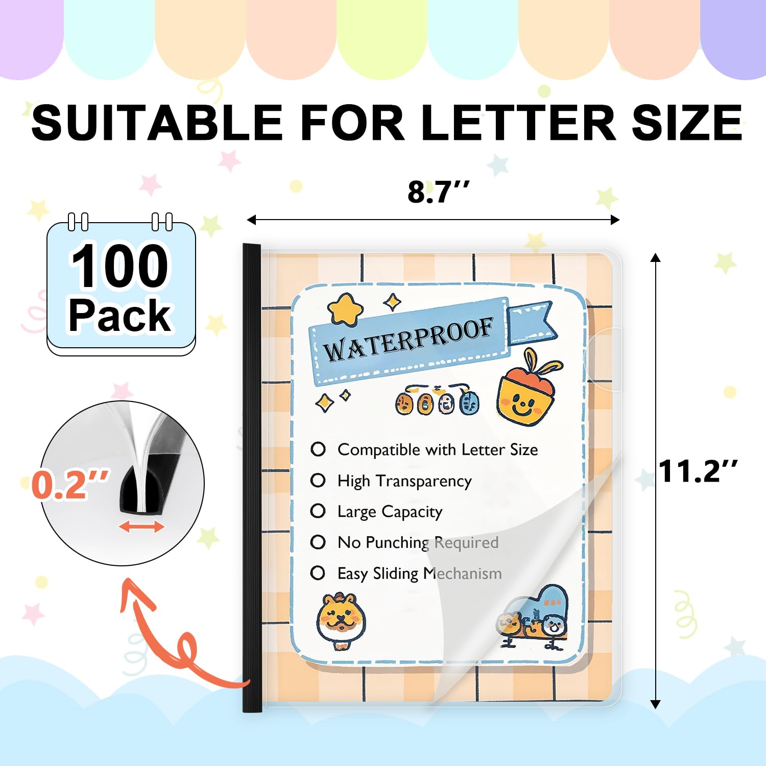 TOTiyea Transparente Berichtsmappen in Briefgröße mit Schiebestangen, 5 mm (20 Blatt Kapazität), Schiebestange, Schwarz, 100 Stück