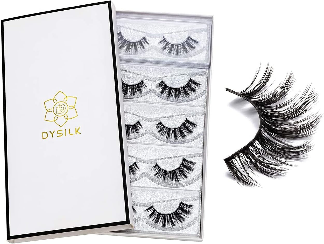 DYSILK 5D Mink Eyelashes Faux Wispies Handmade False Eyelashes Pack Extension Thick Long Reusable Soft Makeup Dramatic Look Fake Eyelashes