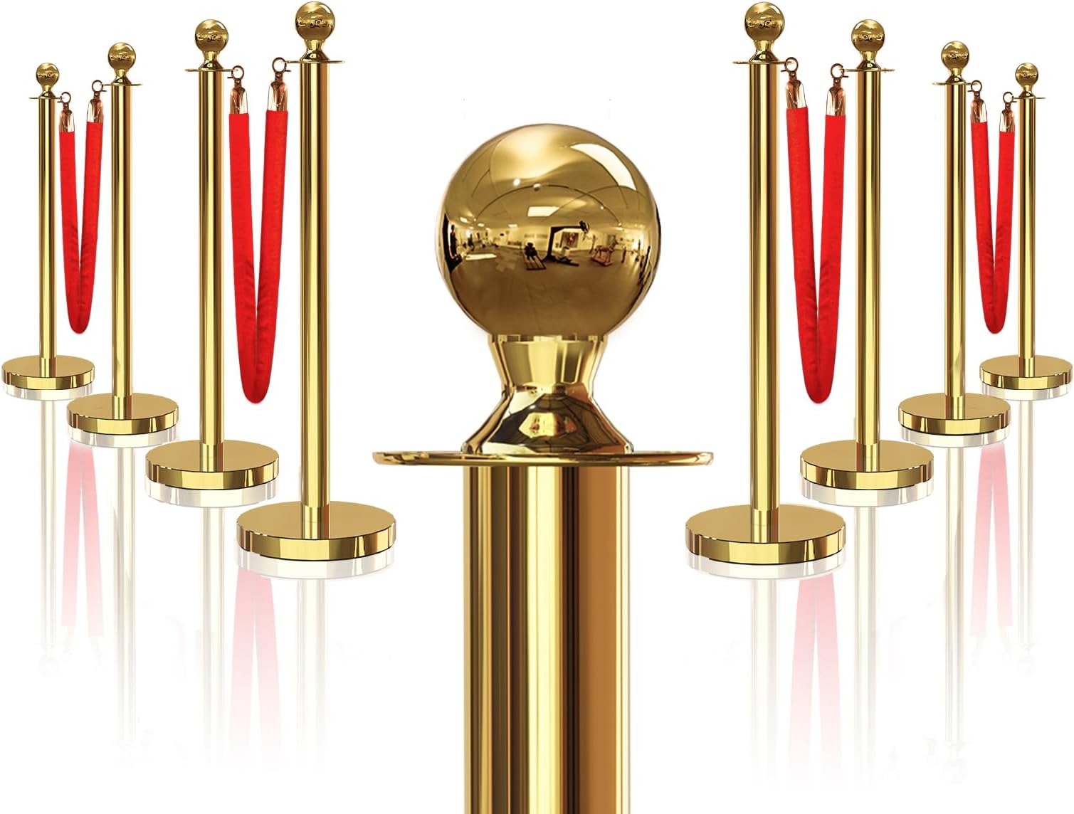 8PCS Gold Stanchions Posts with 4PCS 5 ft Red Velvet Rope, Red Velvet Rope Stanchion Set Crowd Control Barriers, Stanchions and Velvet Ropes Red Carpet Poles for Party Supplies