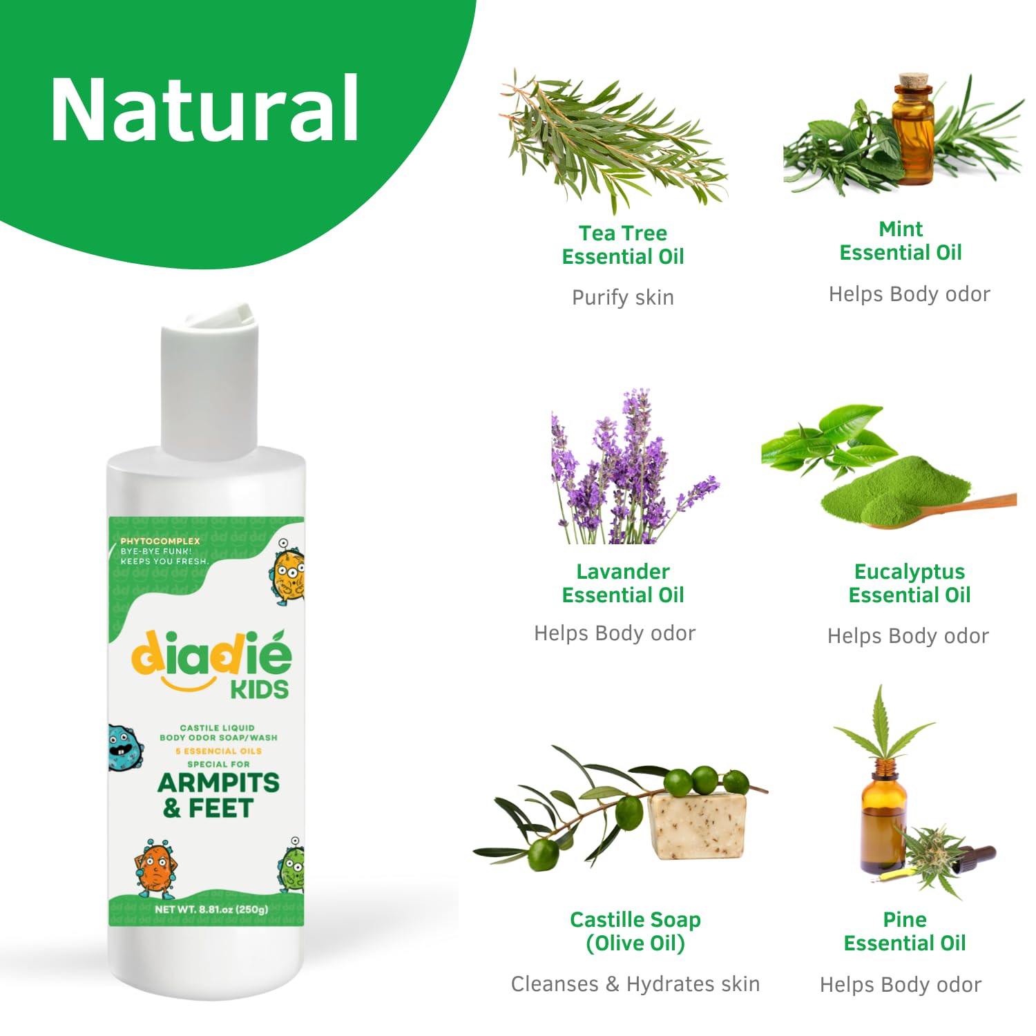 DIADIÉ Kids Natural Castile Liquid Body Odor Soap/Wash, For Armpits, Boys or Girls, Made With 5 Essential Oils, 8.81 oz each, 2 Pack