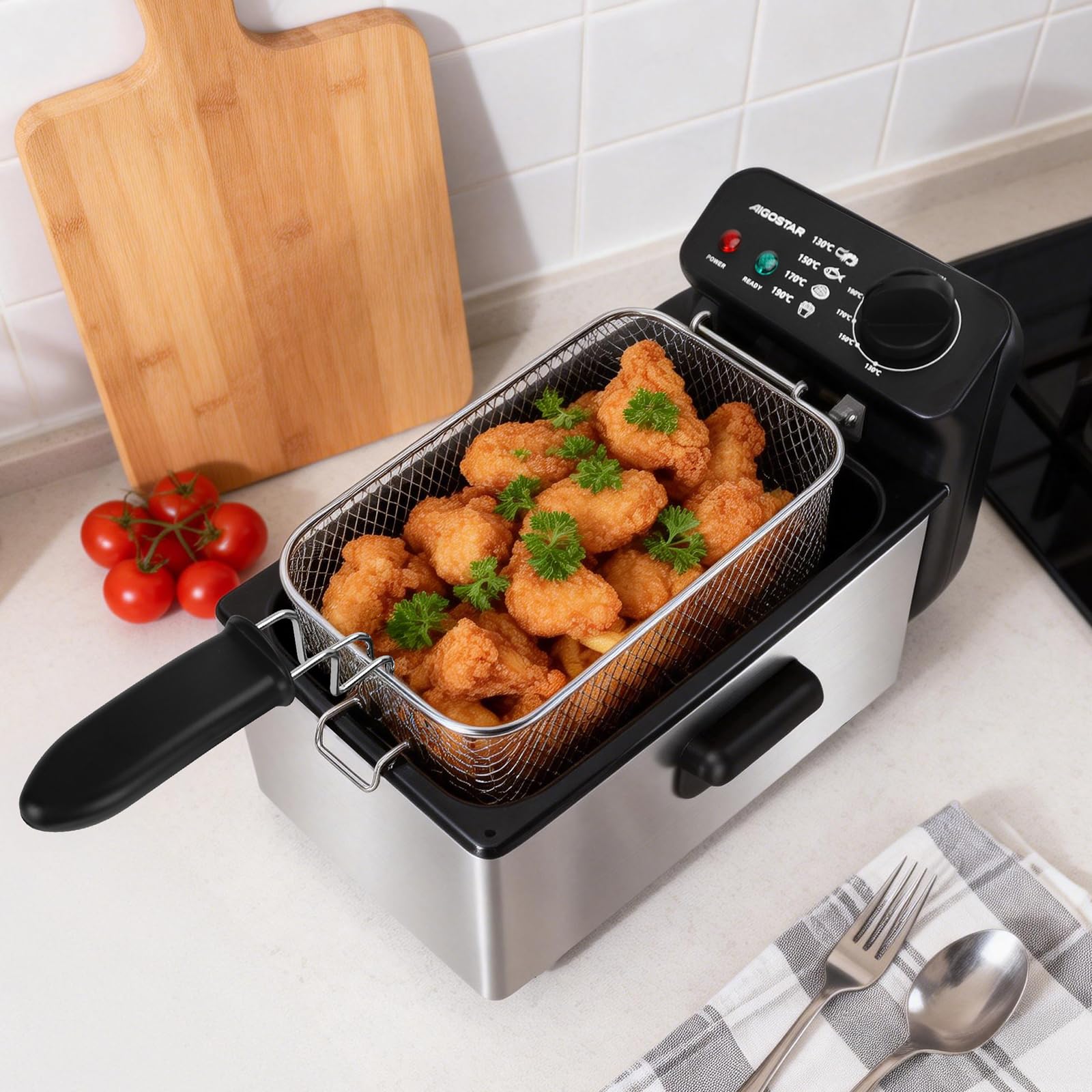 Aigostar Ushas - Fritteuse 3L, 2200 W, Transparenter Deckel, Herausnehmbare Innenpfanne, Einstellbarer Thermostat, Wedelstahl, BPA-frei