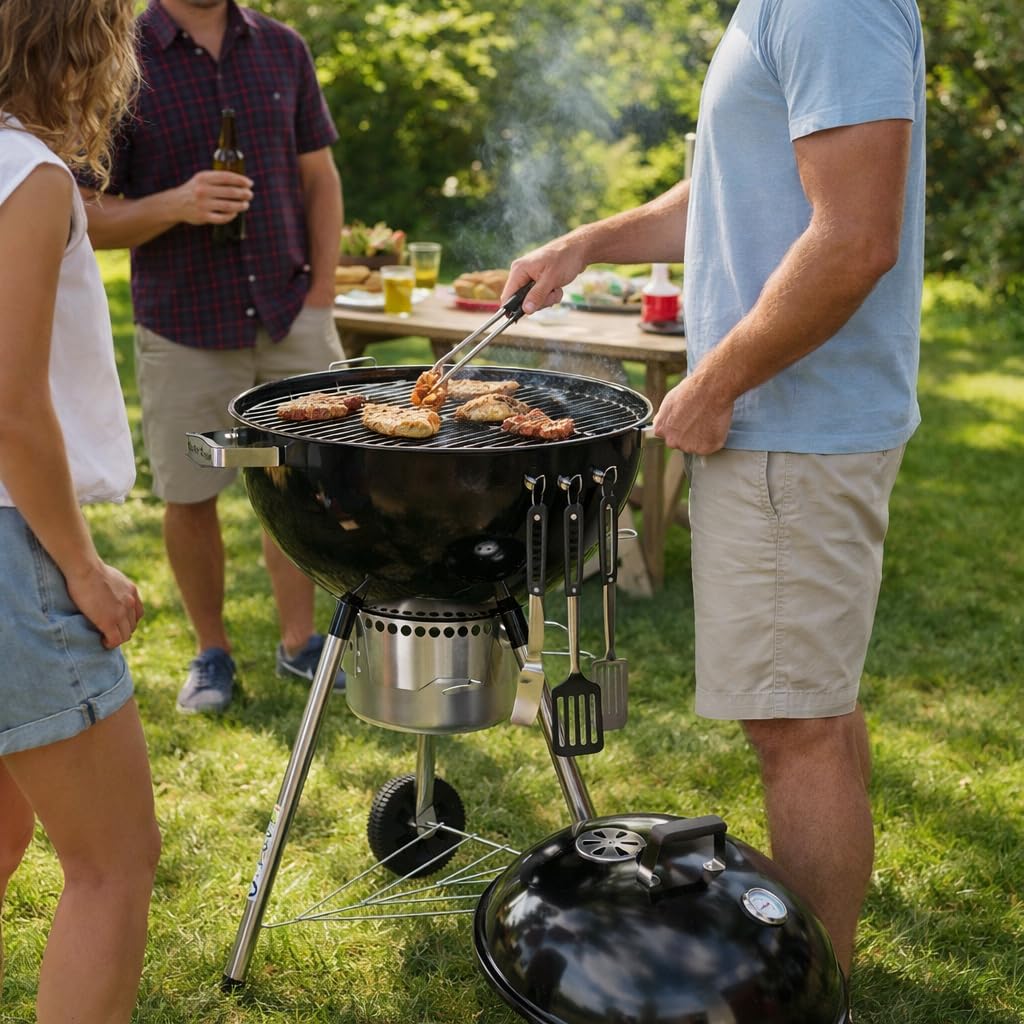 MasterCook - Barbecue a Carbonella Diametro Griglia 57 cm, Barbecue con Ruote e Coperchio, BBQ a Carbone Dotato di Termometro e Sistema Raccogli Cenere, Altezza Griglia da Terra 78 cm (Ketty Nero)