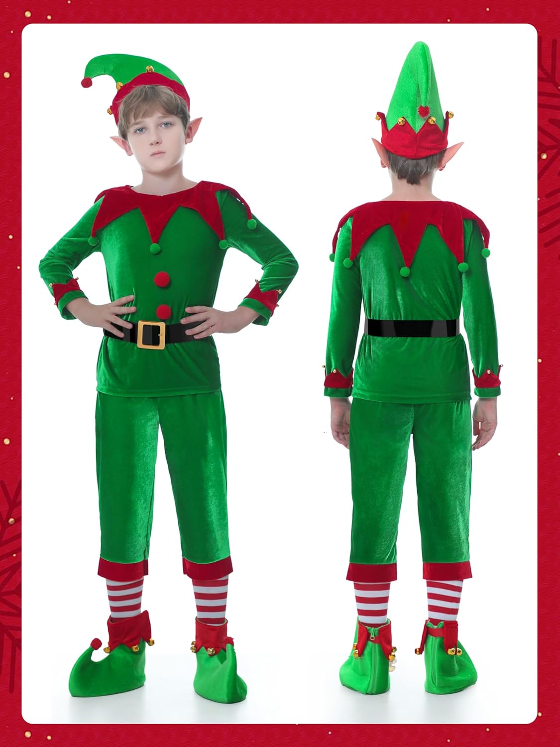 6 Pack Christmas Kids Elf Costume, Boys Christmas Elf Costume Velvet Cosplay Santa's Helper Costume Xmas Outfit - Image 6
