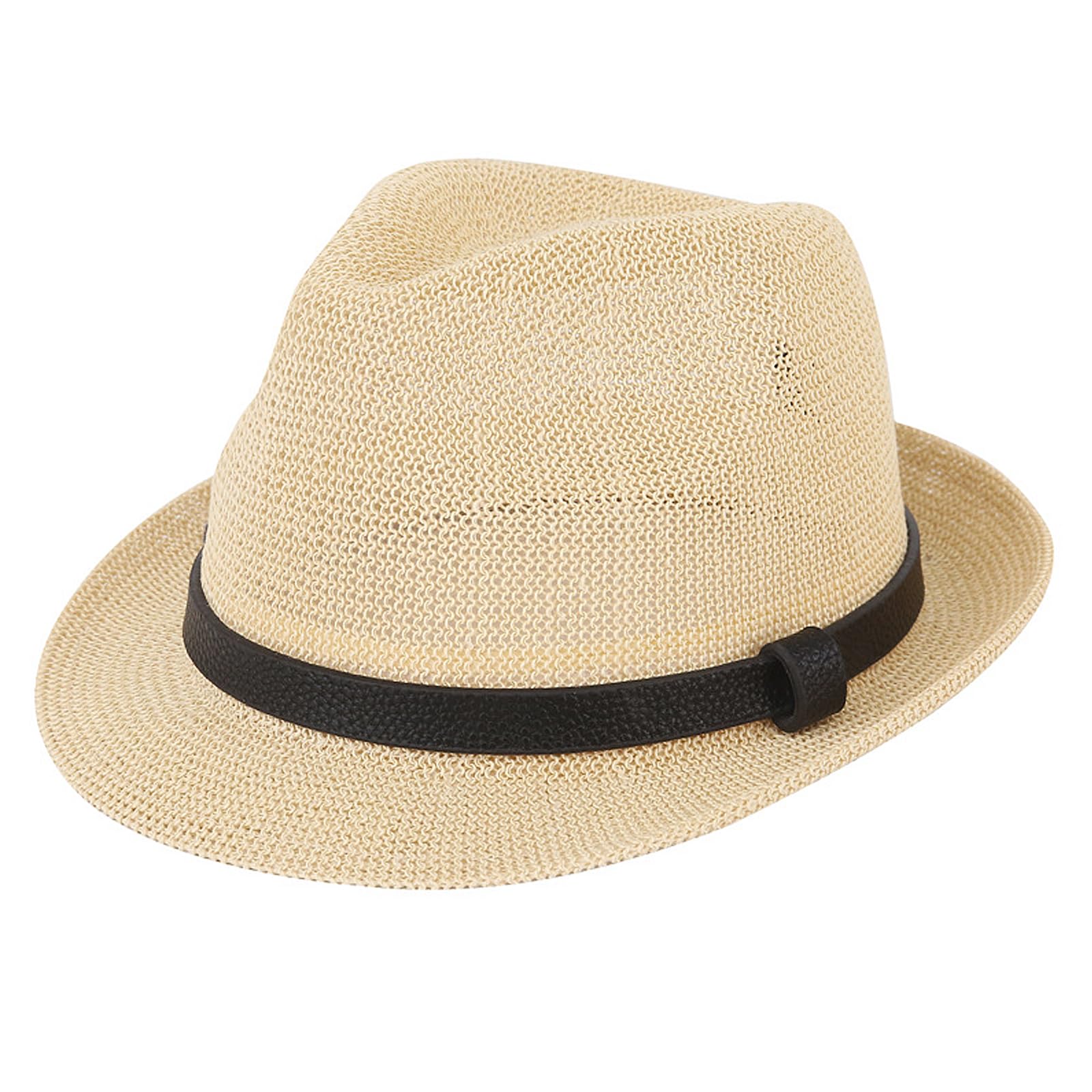 Unisex Straw Fedora Derby Hat 1920s Short Brim Panama Cap Packable Summer Beach Trilby Sun Hat with Black Band