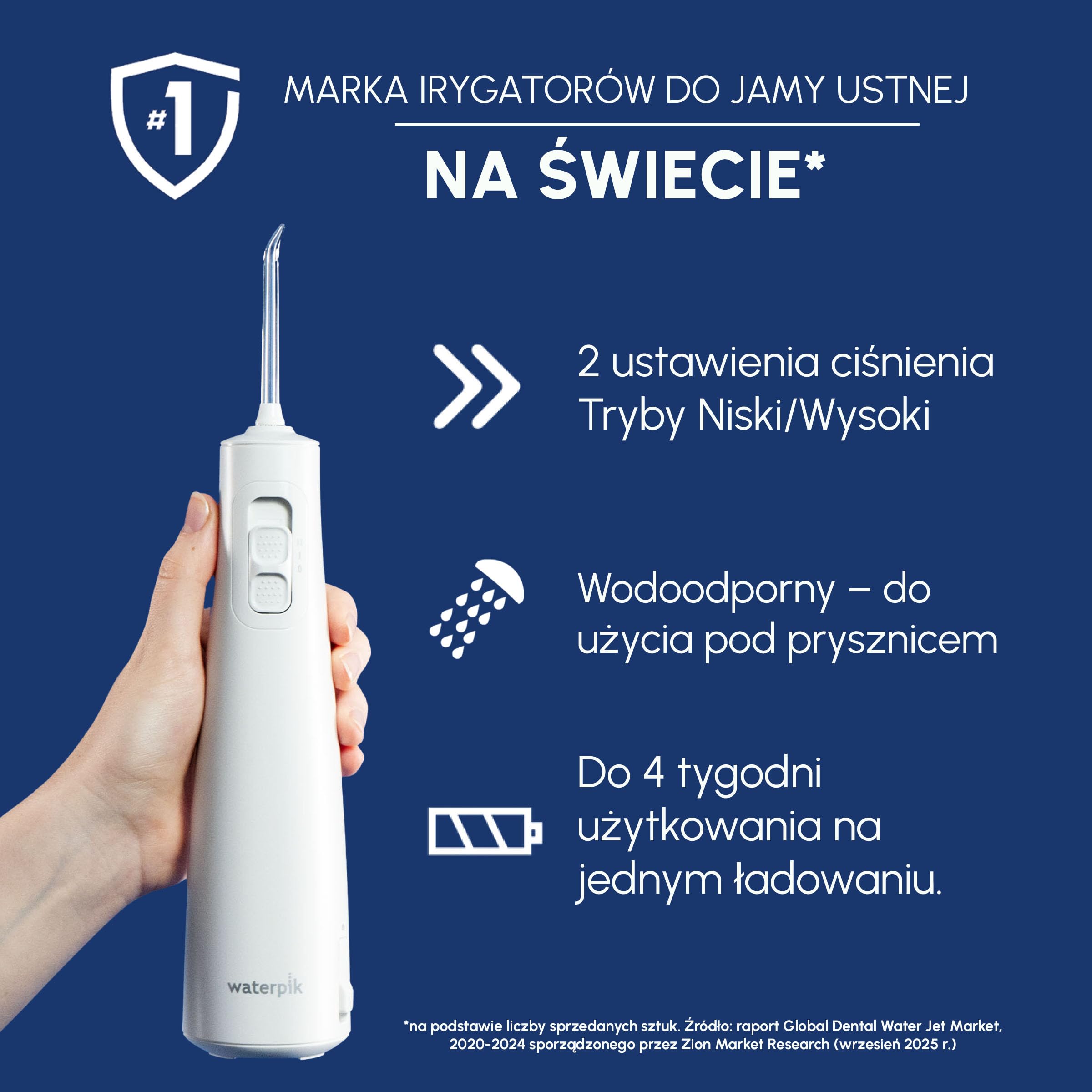 Waterpik Impuls WF-20, bezprzewodowy opryskiwacz, zalecany przez UFSBD, jednorazowy strumień dentystyczny, eliminuje płytkę nazębną, 2 poziomy ciśnienia, 45 sekund czyszczenia, 2 końcówki w zestawie