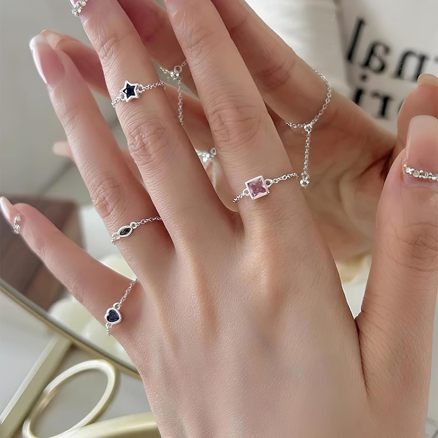 Sterling Silver Ring for Women Adjustable Tassel Chain Link Ring Cute Cubic Zirconia Rings Star Ring Heart Ring Dangle Ball Chain Bands Statement Ring Dainty Wedding Jewelry Gifts for Her - Image 5