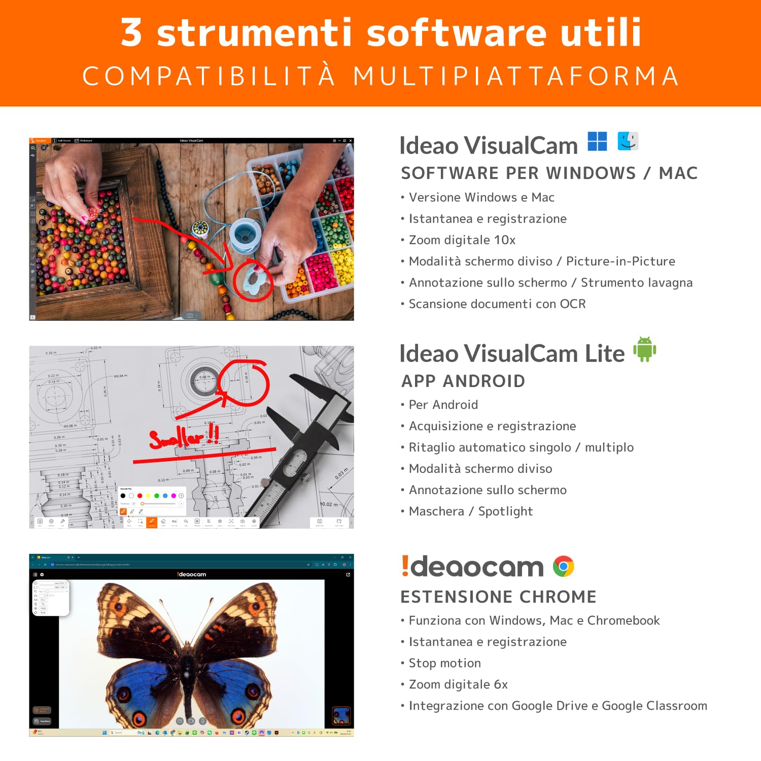 IDEAO DC400 4K USB Document camera, webcam pc e scanner documenti, 3 in 1, 13MP, 4K/30fps, 1080p/60fps, microfono, l'autofocus, Luce LED, 100+ OCR, Win, Mac, Chromebook, Educazione online