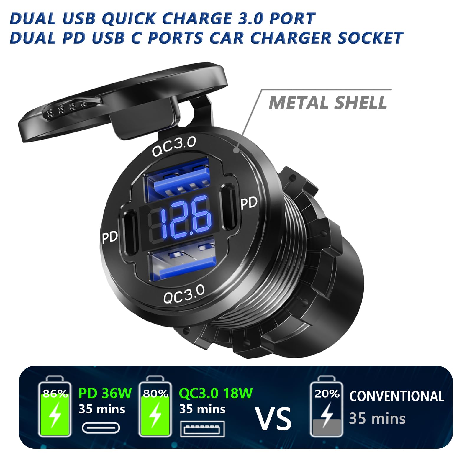 VANONE Presa USB Auto Doppia Porta Con Interruttore - USB-C PD E QC 3.0, 12V, In Alluminio Impermeabile, Per Auto, Moto, Barca - 3