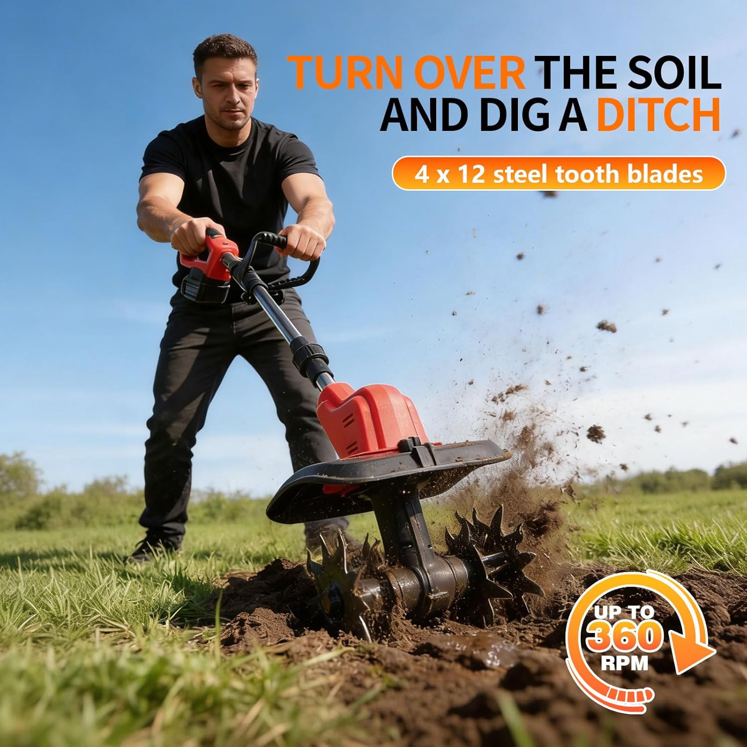 Cordless Electric Tiller for Gardening, 800W Brushless Motor w/ 2x21V 6.0Ah Batteries, 9" Tilling Width & 6.6" Depth, 360 RPM, 4 Steel Blades, Garden Cultivator for Soil, Hand Tiller, Gardening Tools