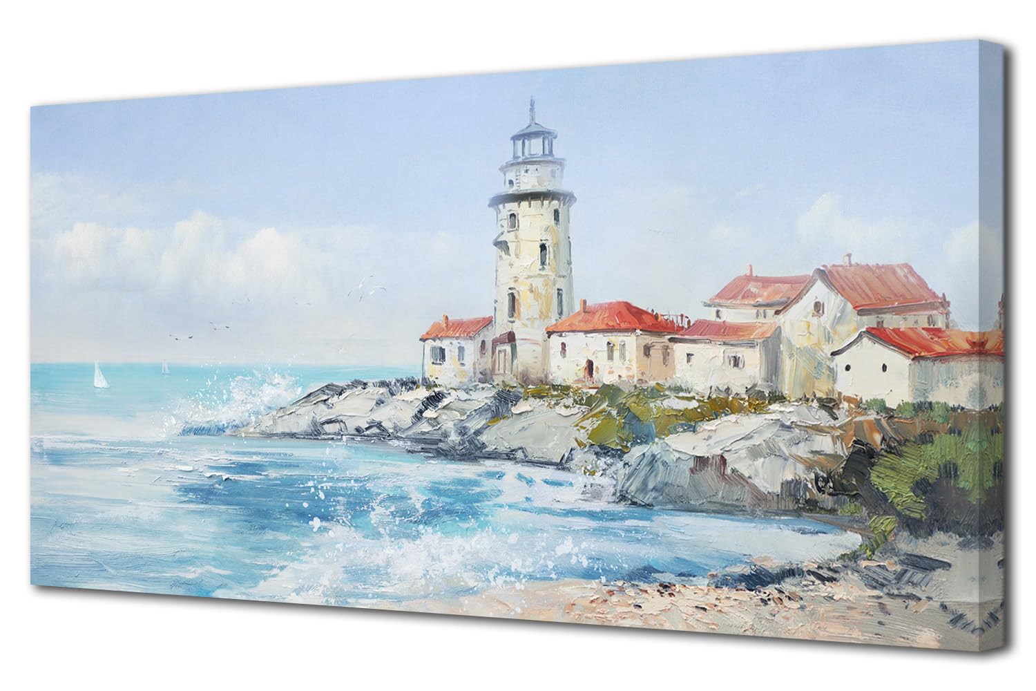 Coastal Beach Canvas Wall Art Lighthouse Picture Bathroom Artwork for Wall, Ocean Seascape Painting Textured Picture Nature Print for Living Room Bedroom Office Home Decor Large 40"x20"