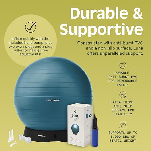 Miniatura 3 de Retrospec Luna Exercise Ball with Pump - Anti-Burst Fitness Equipment for Yoga, Core Training & Stability - Home Gym Swiss Ball for Office &