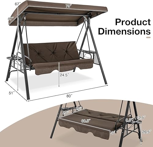 Miniatura 4 de Tangkula Columpio de porche para 3 personas, cama columpio convertible 2 en 1 para patio con toldo ajustable, mesa de 2 tazas, cojines de asiento y
