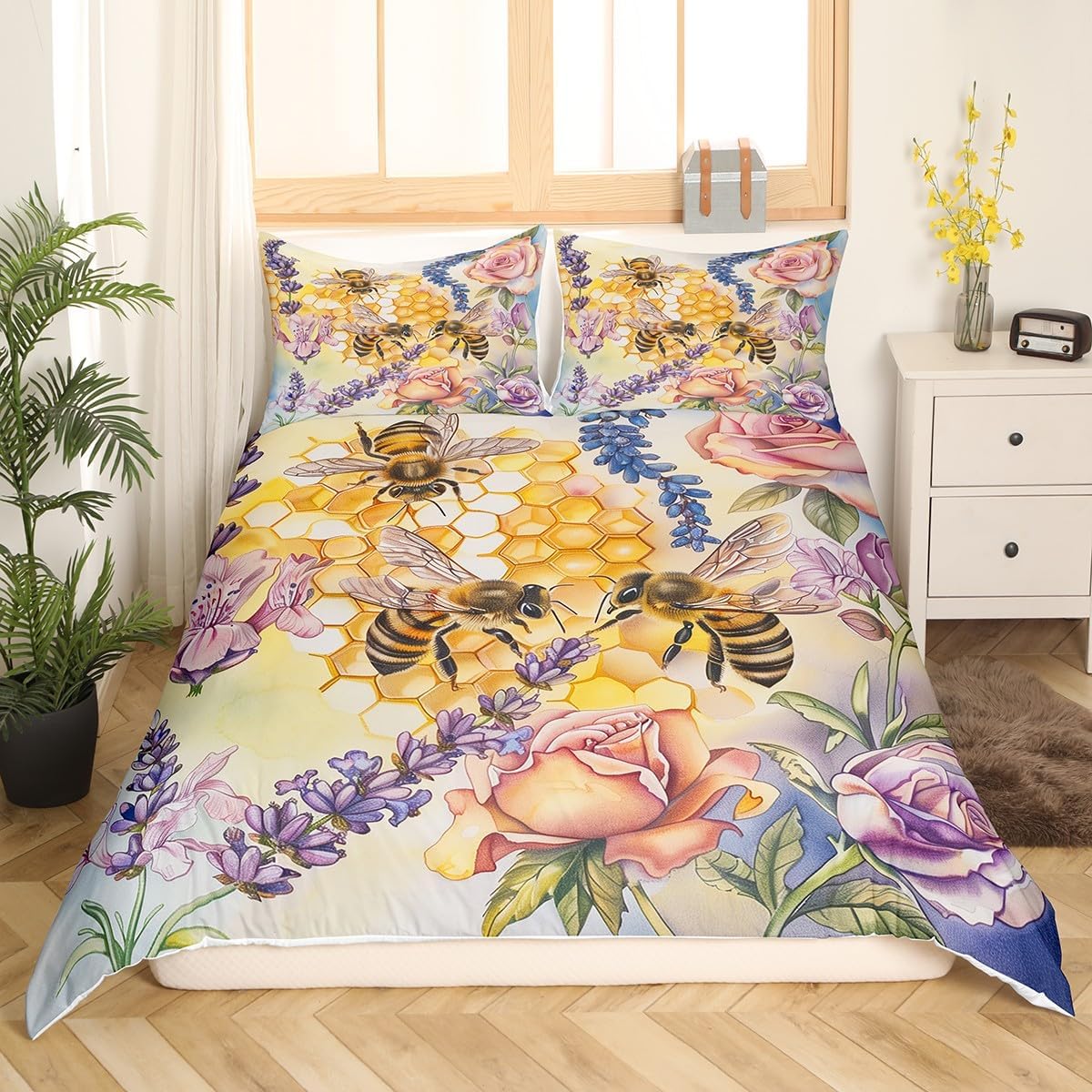 Garden Bees Duvet Cover Set Toddler Size,Spring Natural Blooming Flowers Roses Bedding Set,Rustic Animal Honey Bee Yellow Honeycomb Comforter Cover(No Filler) for Kids,2 Pcs