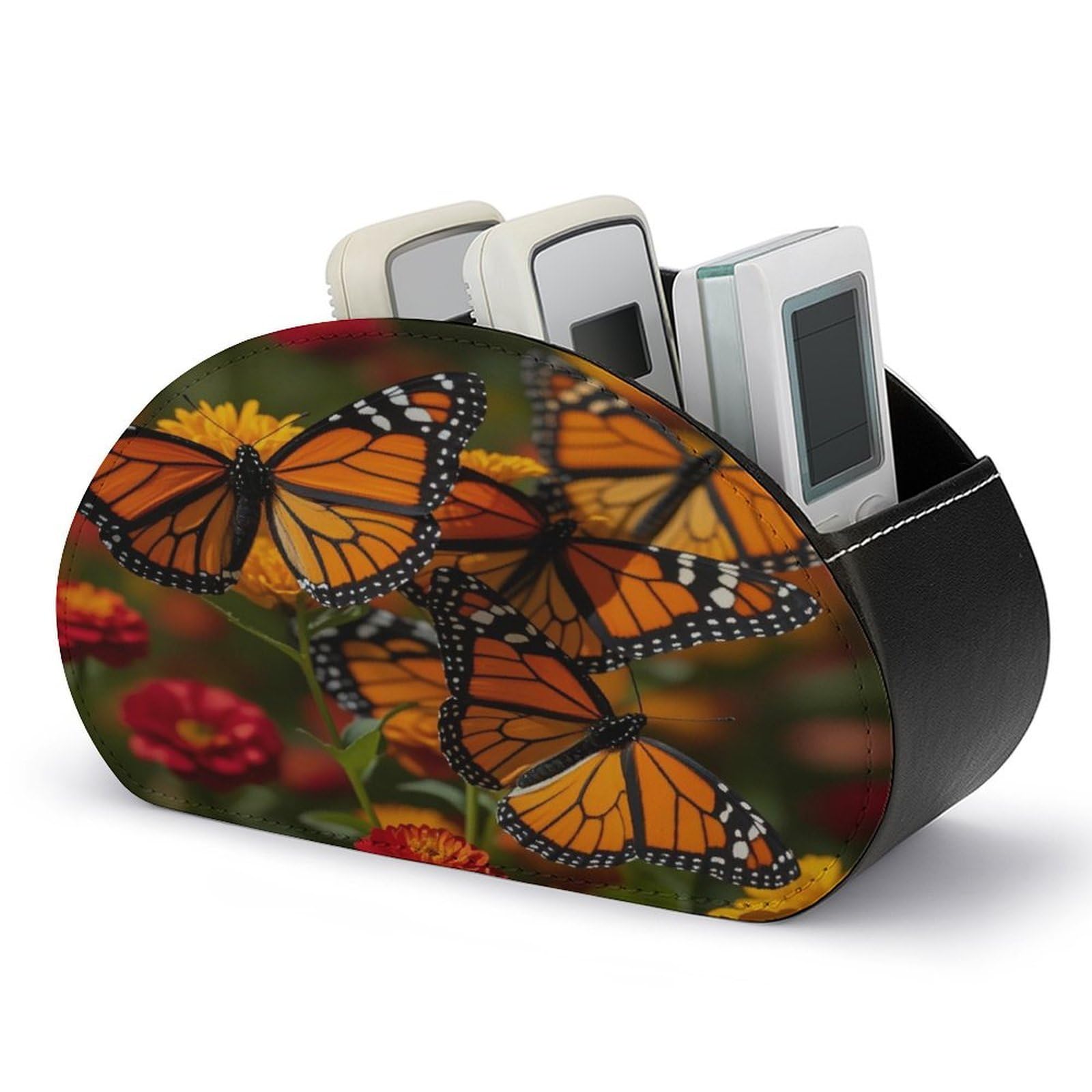 FekiLoot Leather Remote Control Holder with 5 Compartments Monarch Butterflies Remote Caddy Desktop Organizer Store TV Remote Holder Remote Organizer for Bedside Table Office Desk