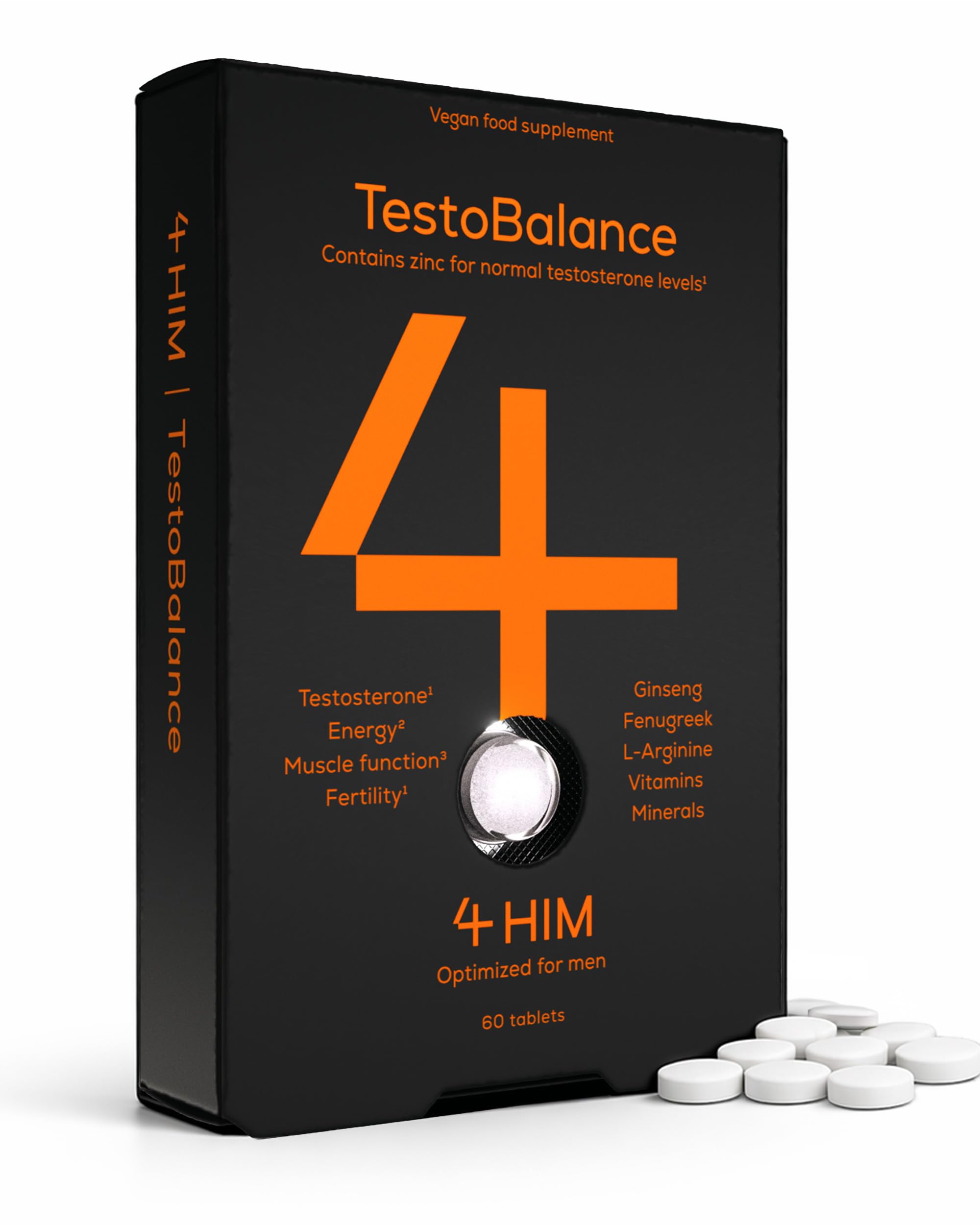4 HIM TestoBalance - Testosterone Supplements for Men - with Zinc + Magnesium + B6 Complex, L-Arginine, Ginseng & Fenugreek - Energy & Muscle Function - 60 Vegan Tablets