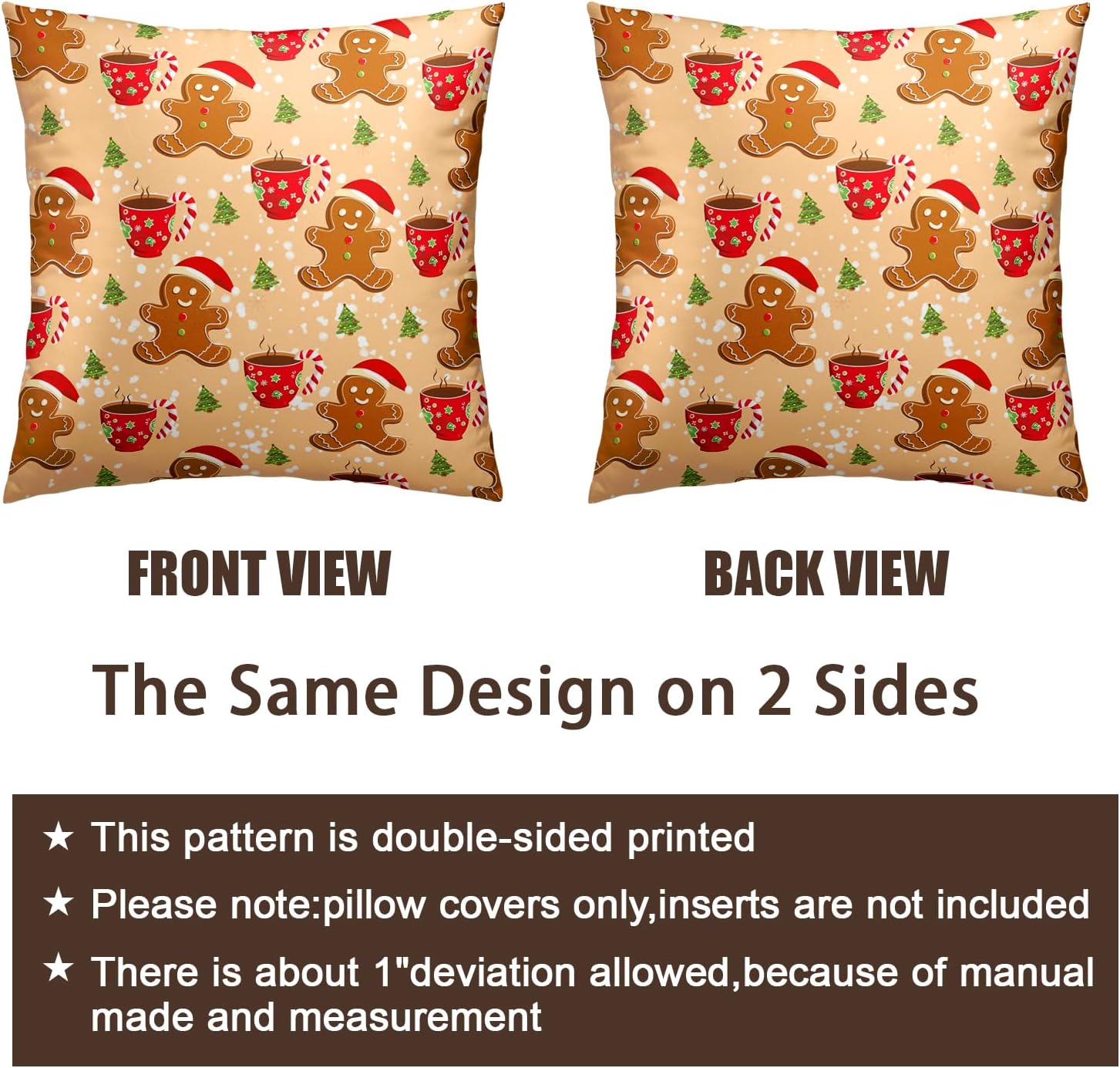 Christmas Gingerbread Man Decorative Throw Pillow Covers 18x18 Set of 2 Cute Candy Cane Hot Cocoa Xmas Tree Print Pillow Cases Orange Christmas Pillowcases Winter Holiday Decor for Home Couch image 5