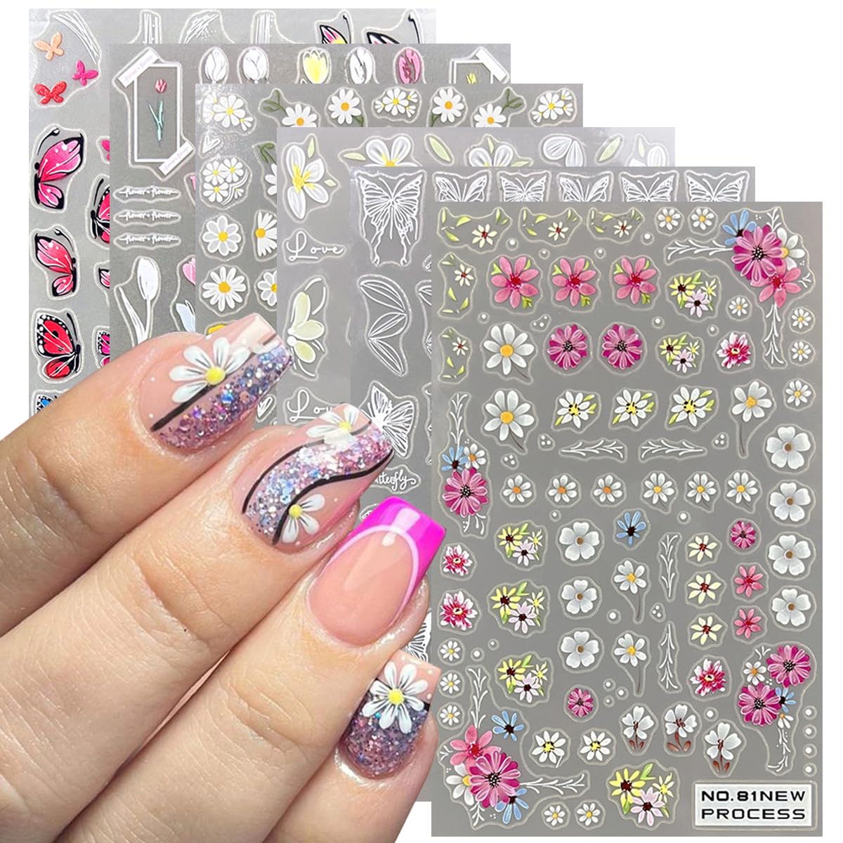 BSBTBZ Butterfly Flower Nail Stickers, 6 Sheets 3D Self-Adhesive Acrylic Decals for DIY Nail Art, Spring Nail Decoration, Colorful Floral Designs, Ideal for Women