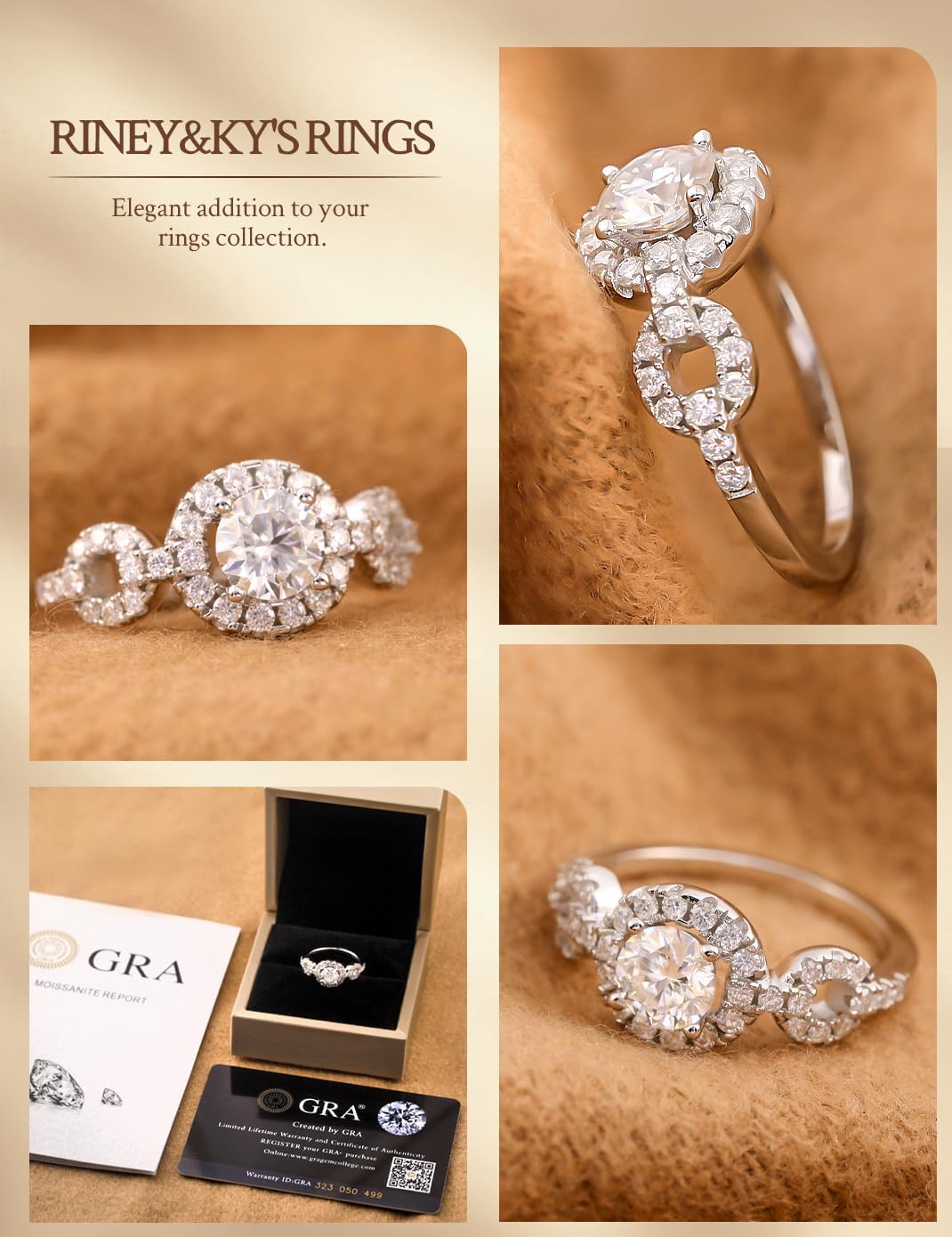 RINEY&KY Moissanite Rings for Women D VVS1 1.34Carats Certified Engagement Ring 18K White Gold Plated Silver S925 Halo Set Round Brilliant Cut Promise Rings for Her Size 5-10US