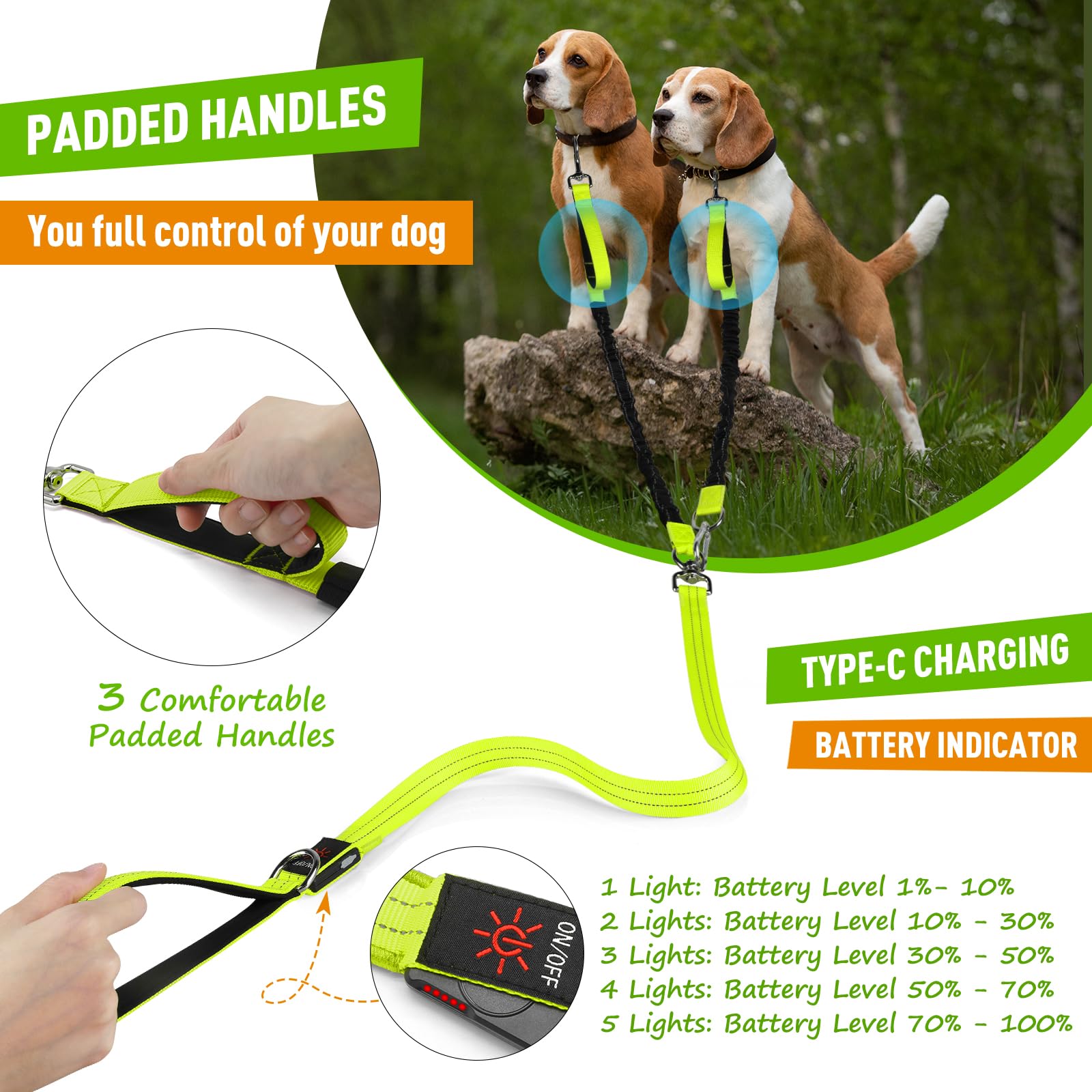 Correa doble LED para perro, correa giratoria de 360° para pasear perros, cómoda correa absorbente de golpes para perro, elástico extraíble reflectante para dos perros