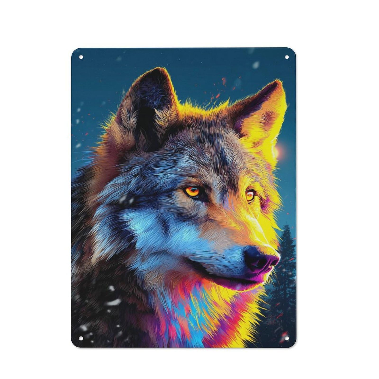 Junmoney Colorful Wolf Portrait -5 Rustic Metal Sign 40X30cm For Café Or Restaurant, Suited To Café Owners And Decorators