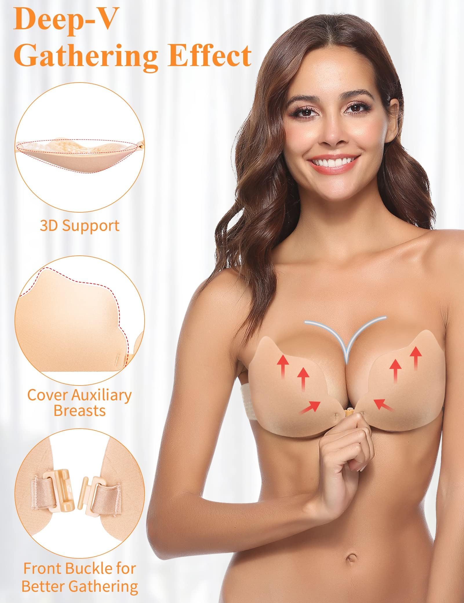 MELLIEX Soutiens-Gorge Adhesif Push Up Invisible Autoadhésifs Soutien Gorge Dos Nu Auto-adhésifs Bra sans Bretelles Femme Réutilisables Soutien Gorge, Nude