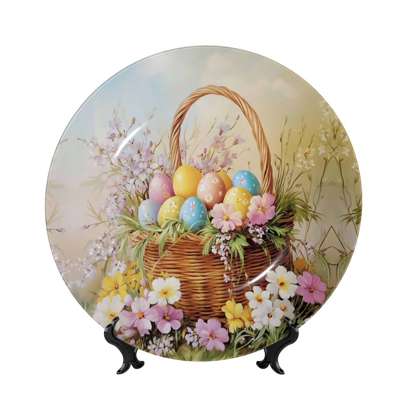 YZILDP Rabbit Easter Ceramic Plate with Display Stand,10 in,Seasonal Spring Decorative Plates Spring Easter Eggs Wall Hanging Ceramic Craft for