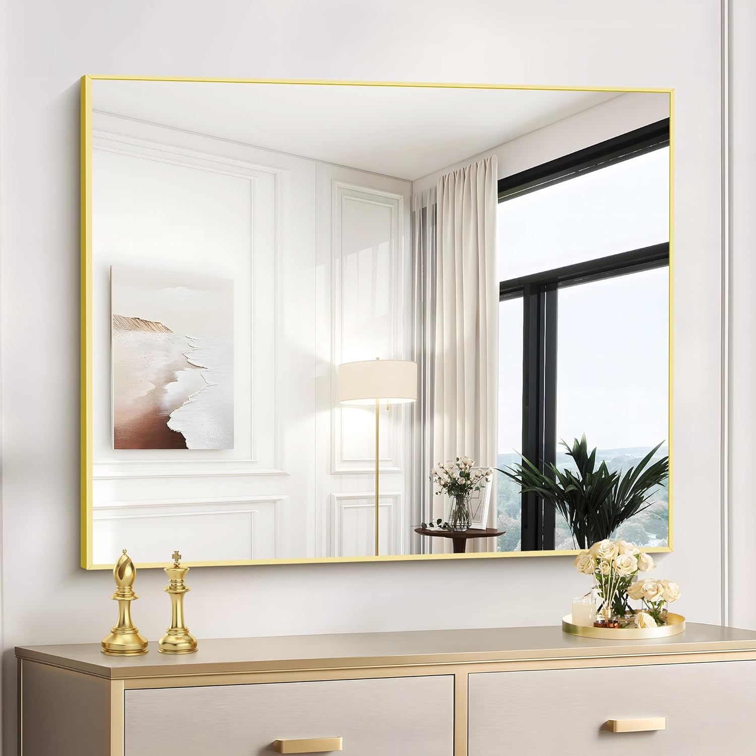 COFENY Gold Bathroom Mirror for Wall, 30x36 Inch Rectangle with Metal Frame, Modern Vanity for Bathroom Living Room, Entryway Hangs Horizontal or Vertical Gold 36"L x 30"W